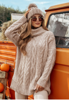 Ozdobnie pleciony Pullover z golfem Wrapped In Comfort Beige