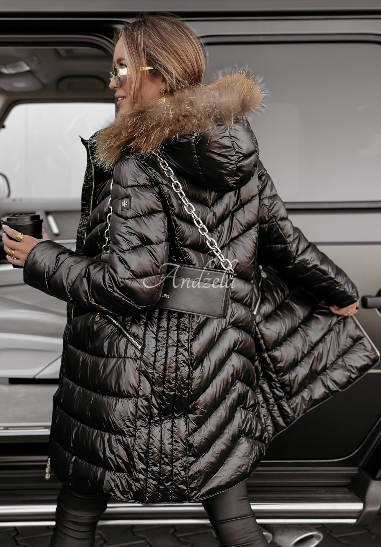 Lange Steppjacke mit Fell The Snow Glow Glow Schwarz