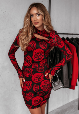 Minikleid mit Rüschen in Rosen Rose Bloom Schwarz-Rot