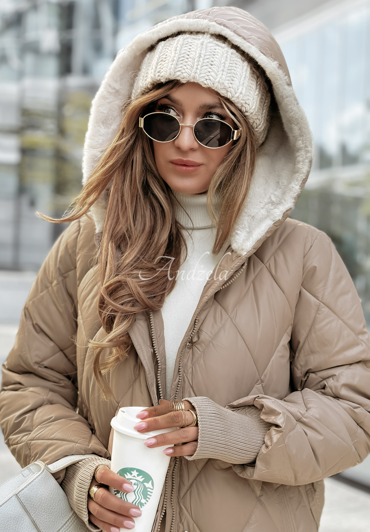 Lange Steppjacke mit Fell Snowflakes Paradise Beige