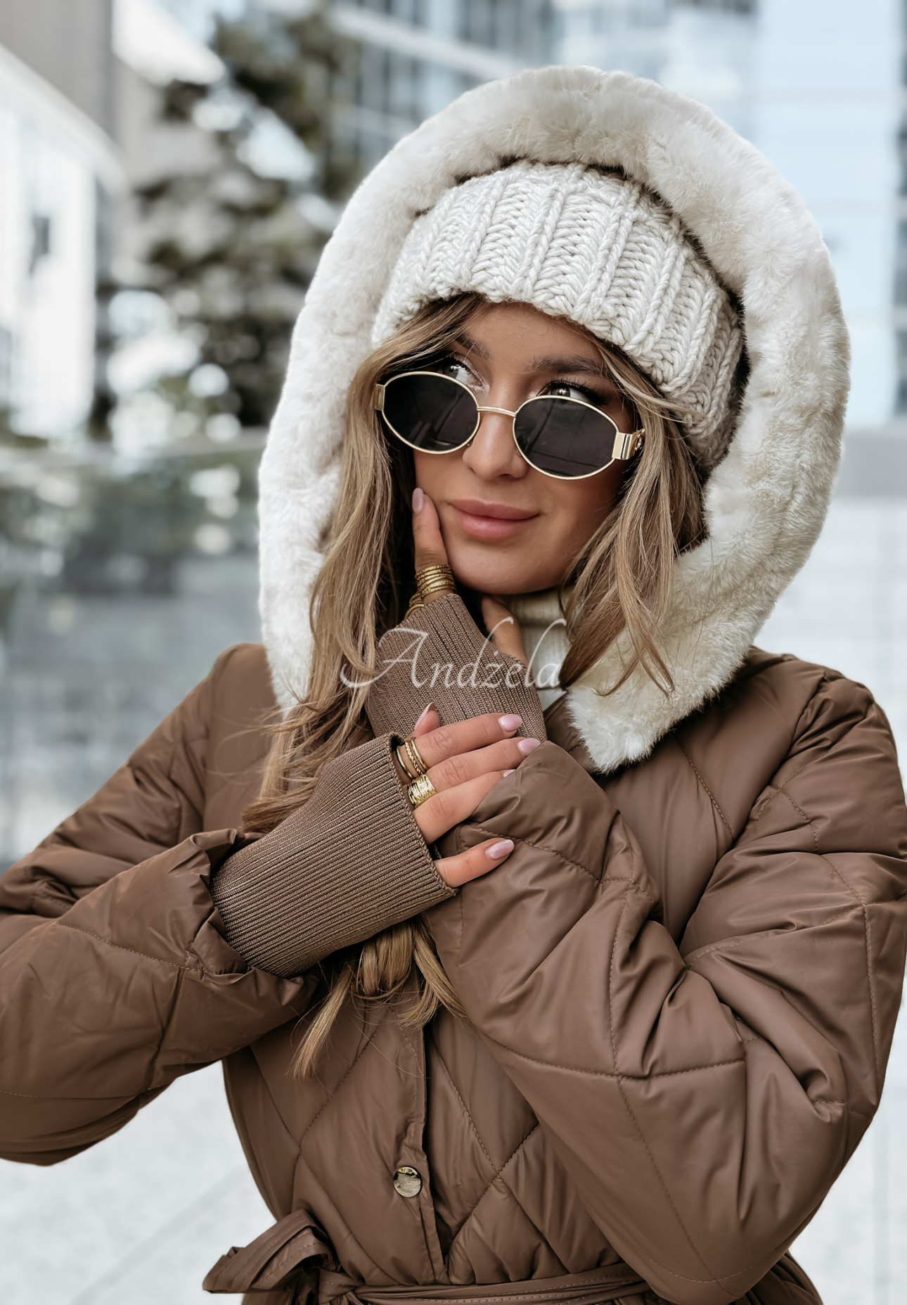 Lange Steppjacke mit Fell Snowflakes Paradise Schokoladenbraun