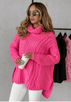 Ozdobnie pleciony Pullover z golfem Rosso Neon Rosa