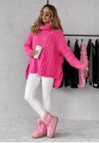 Ozdobnie pleciony Pullover z golfem Rosso Neon Rosa