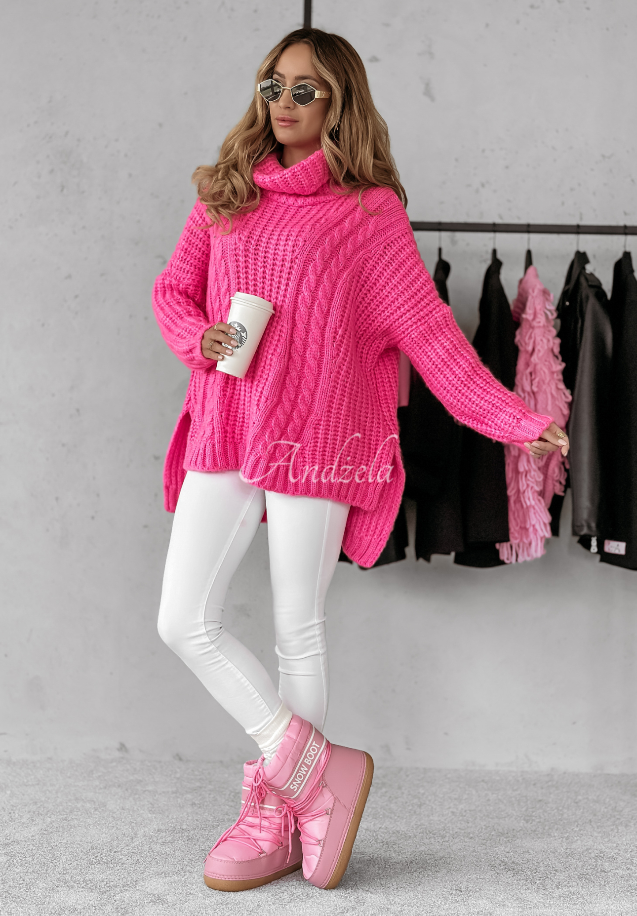 Dekorativ gewebter Rollkragenpullover Rosso Neon Rosa