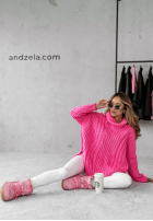 Ozdobnie pleciony Pullover z golfem Rosso Neon Rosa