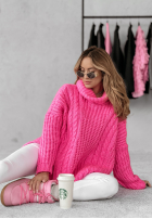 Ozdobnie pleciony Pullover z golfem Rosso Neon Rosa