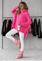 Ozdobnie pleciony Pullover z golfem Rosso Neon Rosa