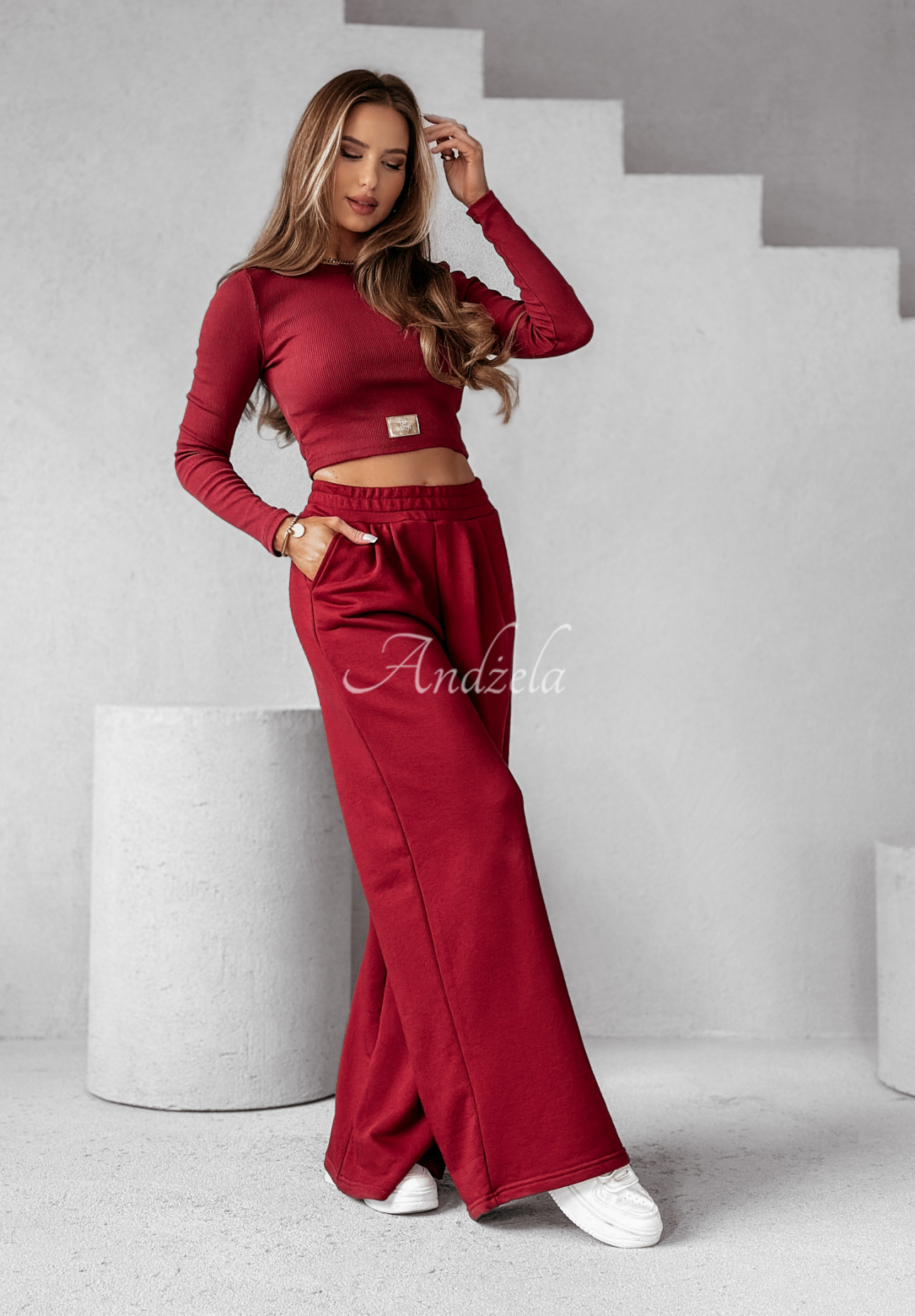 Set gestreifte Bluse und Hose wide leg Don’t Stop Burgunderrot