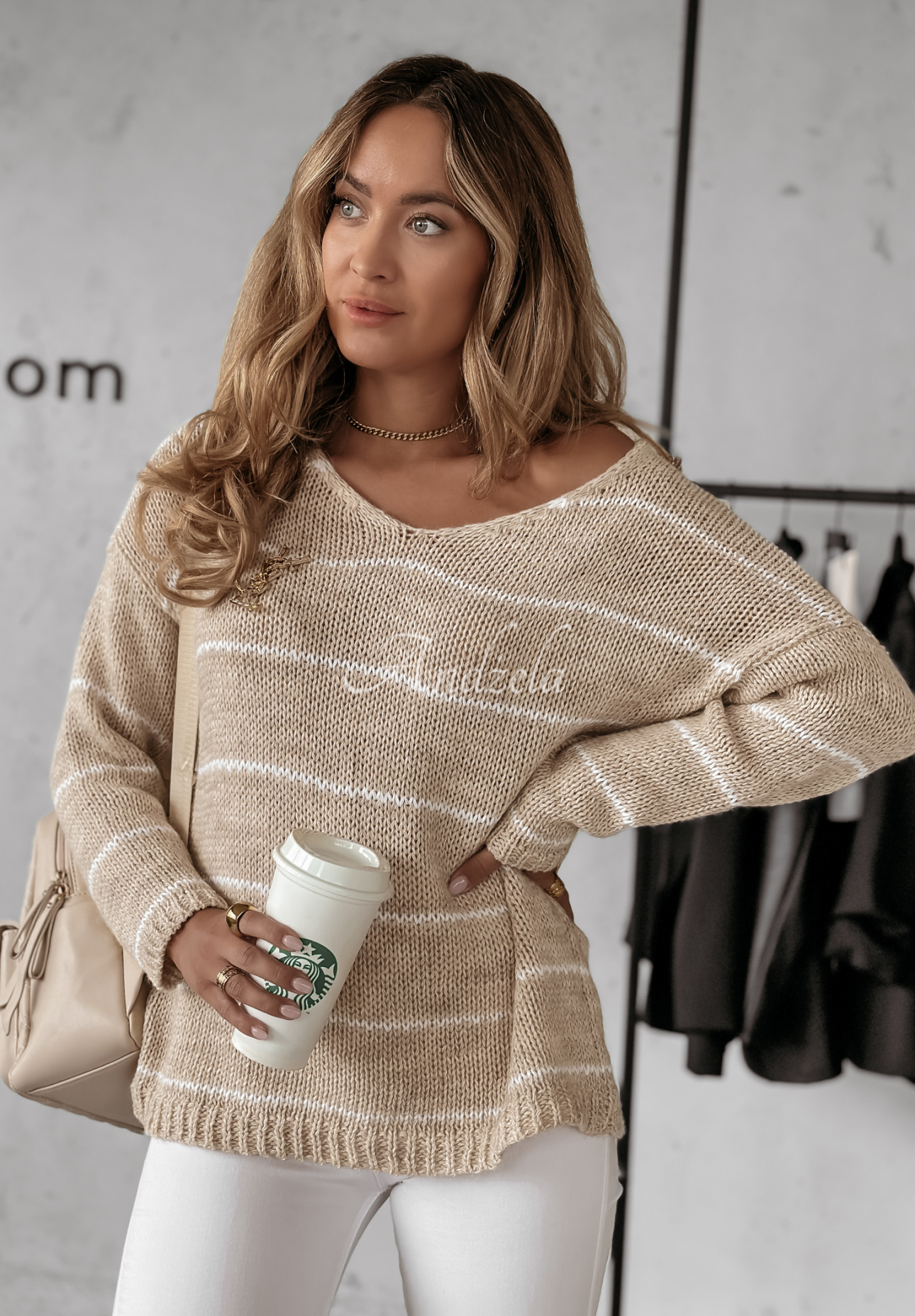 Gestreifter Oversize-Pullover Lineris Beige