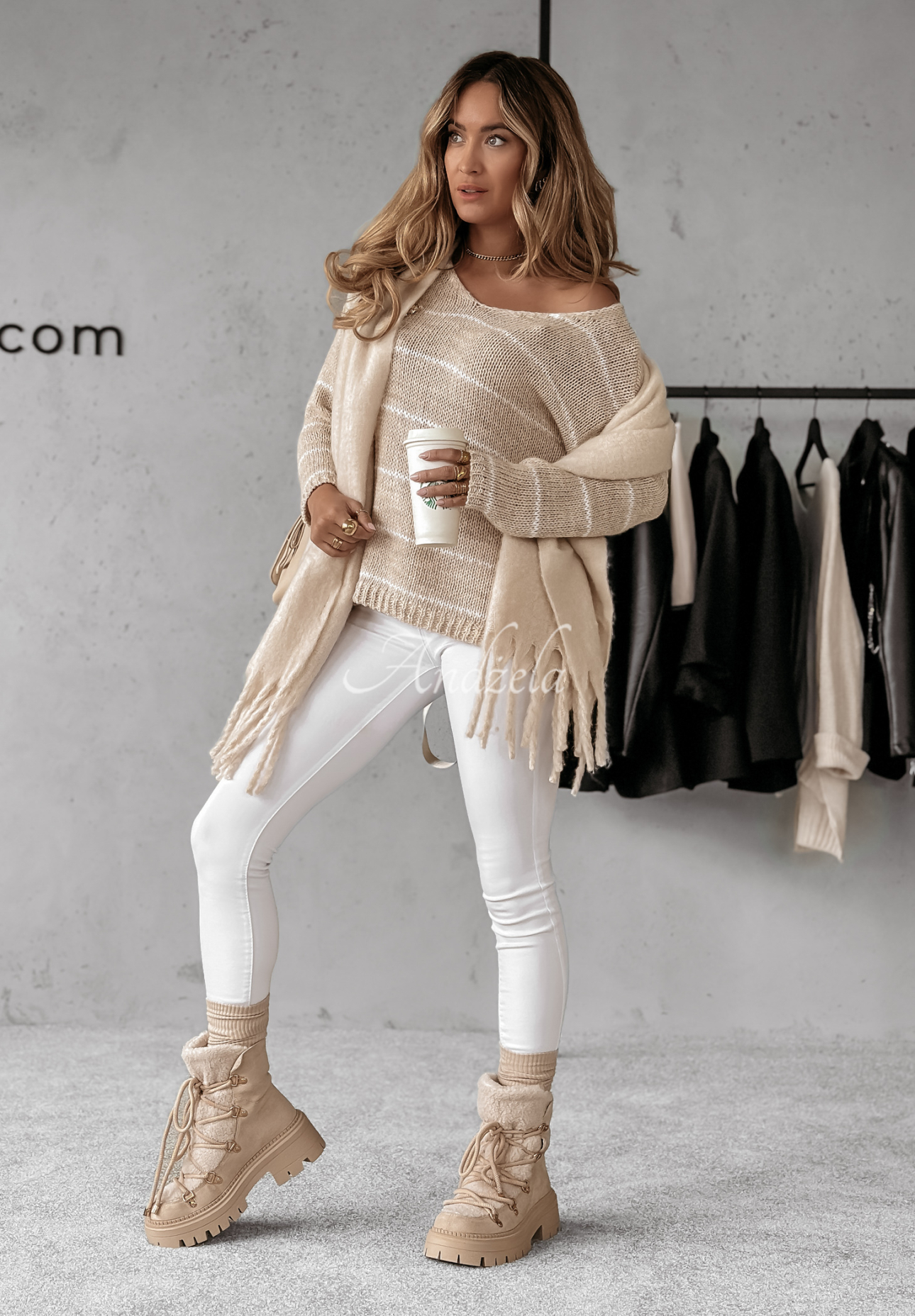 Gestreifter Oversize-Pullover Lineris Beige