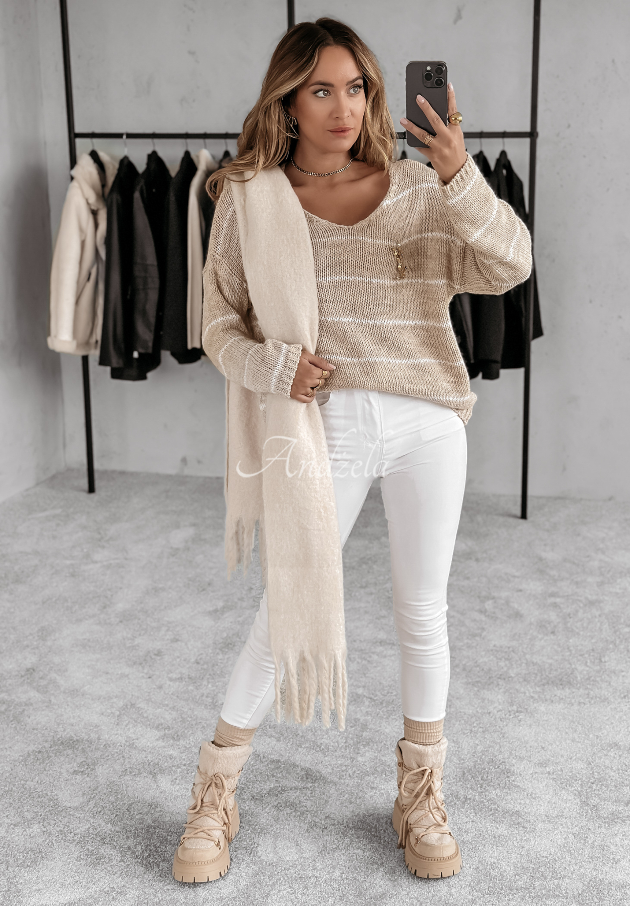 Gestreifter Oversize-Pullover Lineris Beige