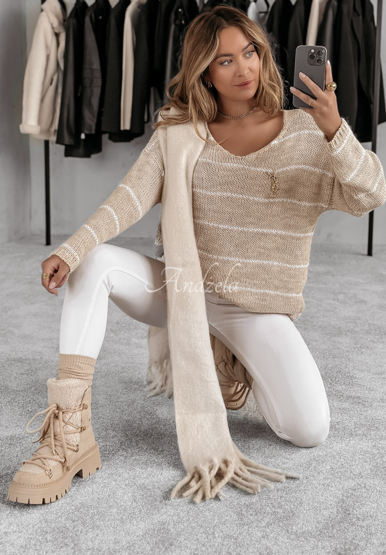 Gestreifter Oversize-Pullover Lineris Beige