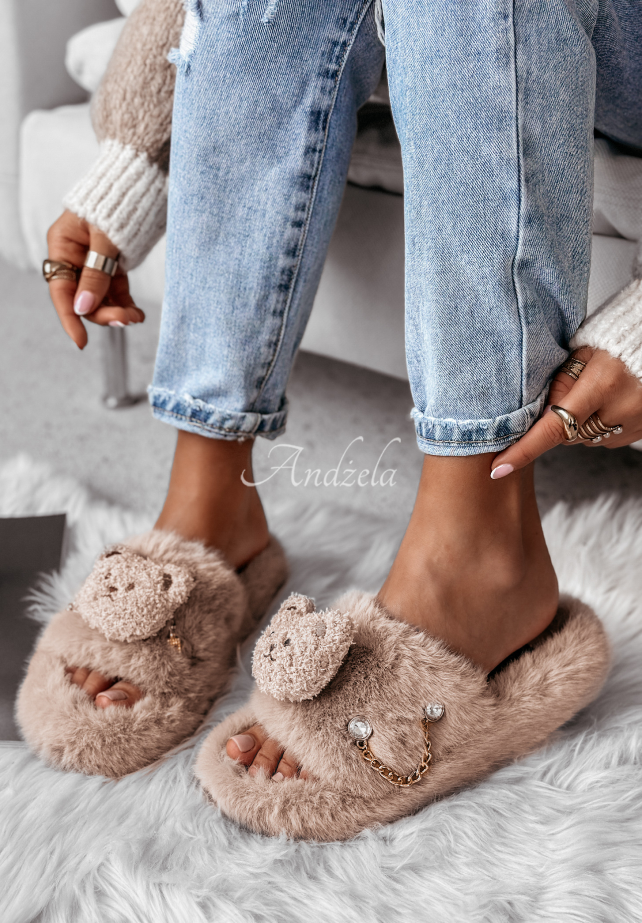 Hausschuhe mit Fell und Teddybär Teddy Tale Beige