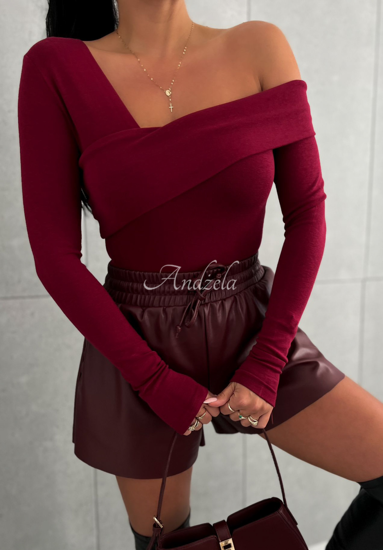 One-Shoulder Langarm-Bluse Heather Burgunderrot