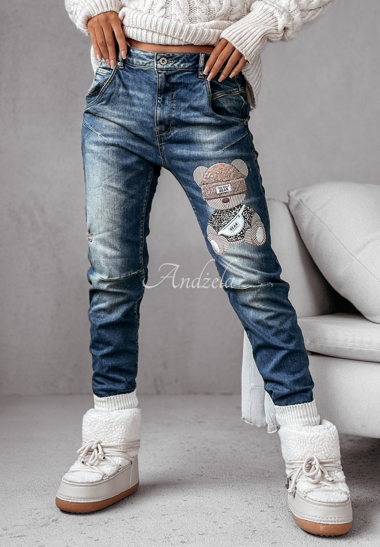 Jeanshose mit Print The Best Bear Blau