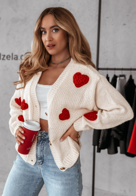 Kurze Strickjacke mit Herzmuster Heartbeat Ecru