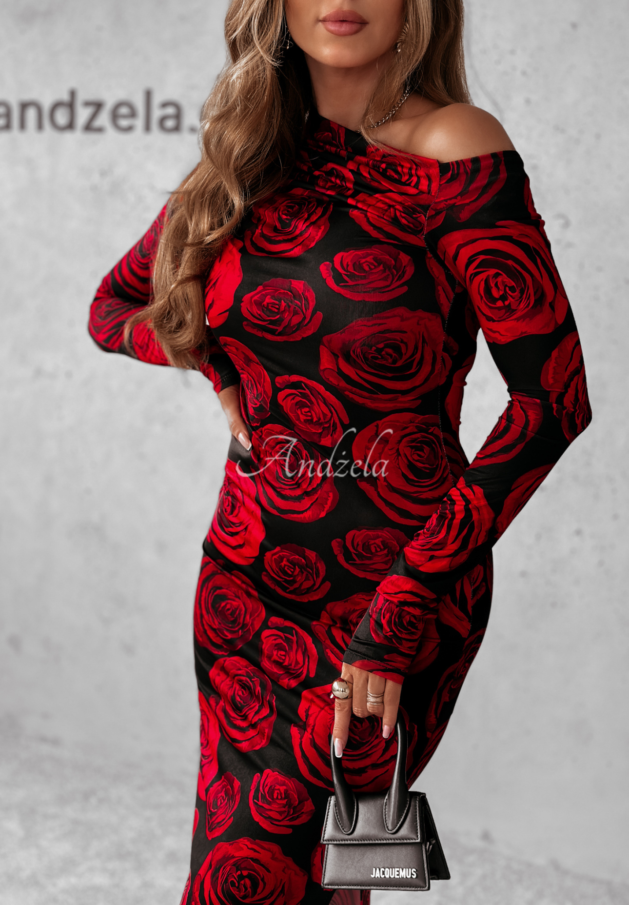 Figurbetontes Maxikleid mit Rosen Moonlit Garden schwarz-rot