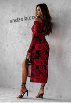 Siateczkowa Kleid maxi w róże Moonlit Garden Schwarz-Rot