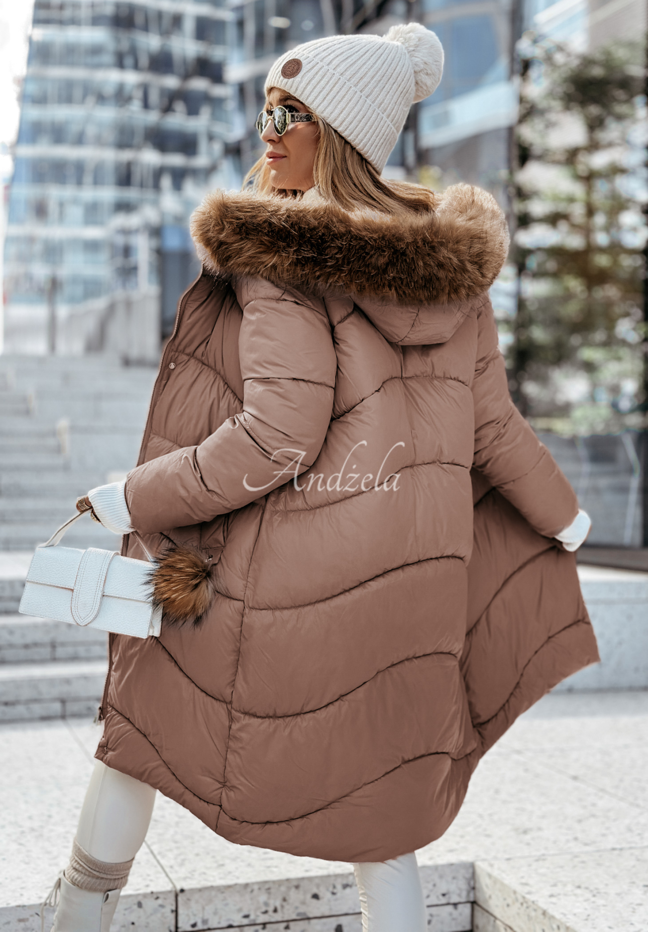 Lange Steppjacke mit Fellimitat Snow Offense Schokoladenbraun