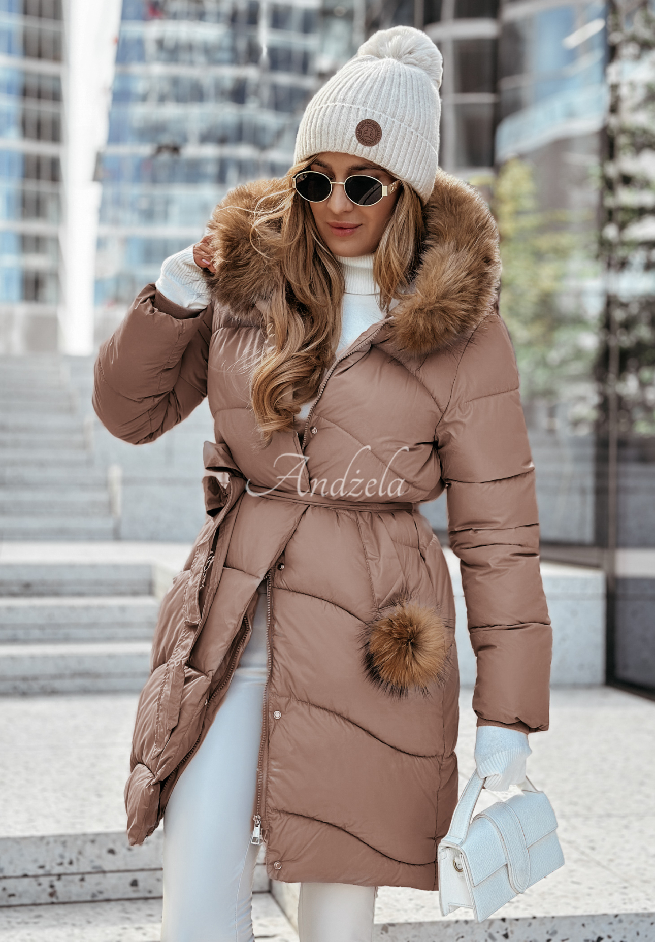 Lange Steppjacke mit Fellimitat Snow Offense Schokoladenbraun