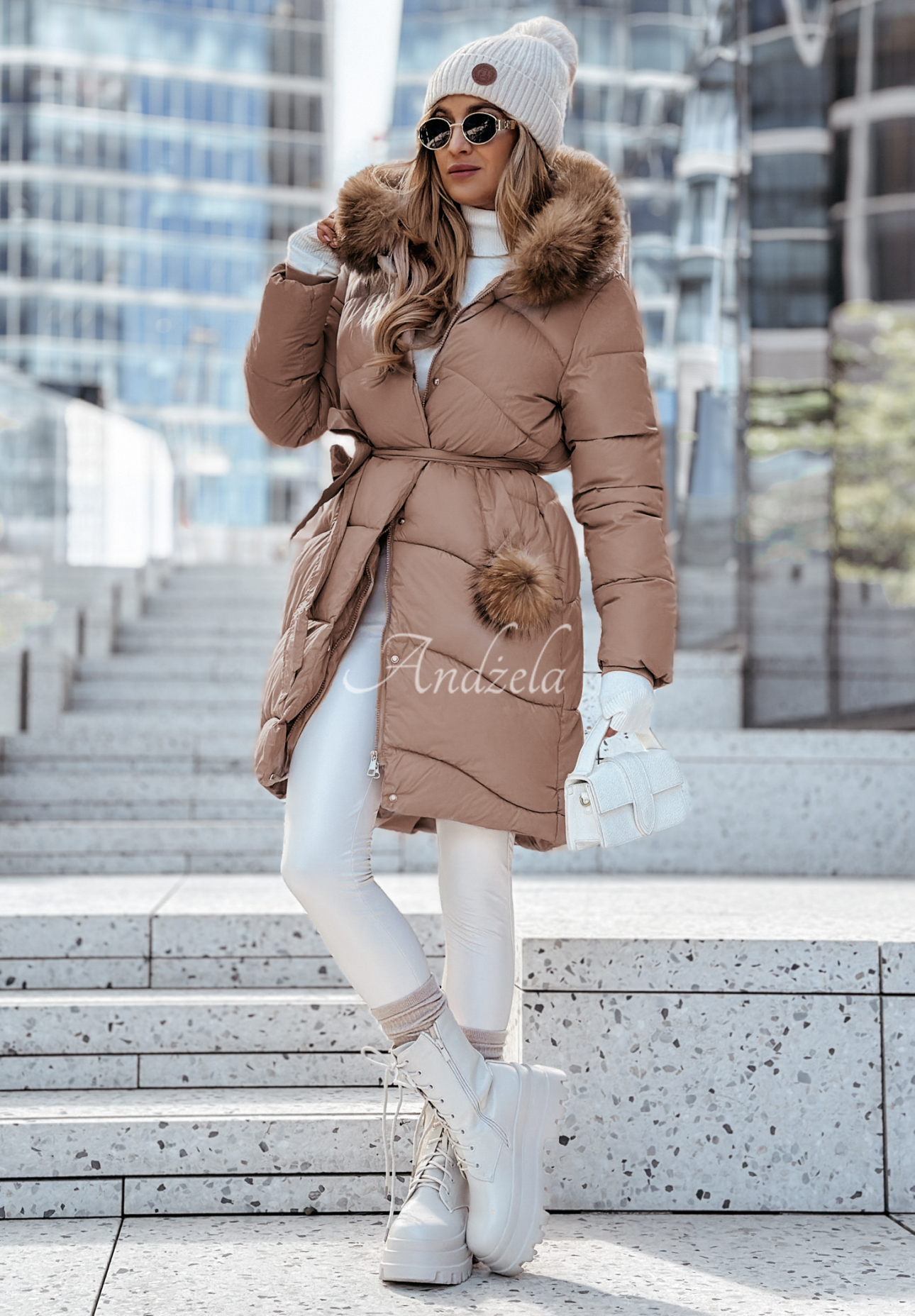 Lange Steppjacke mit Fellimitat Snow Offense Schokoladenbraun