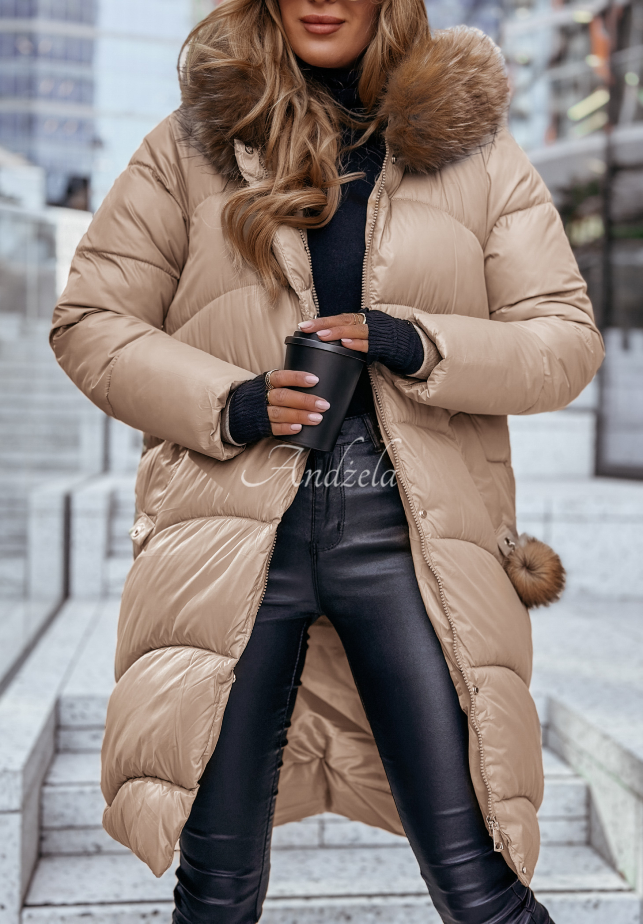 Lange Steppjacke mit Fellimitat Snow Offense Mokkafarben