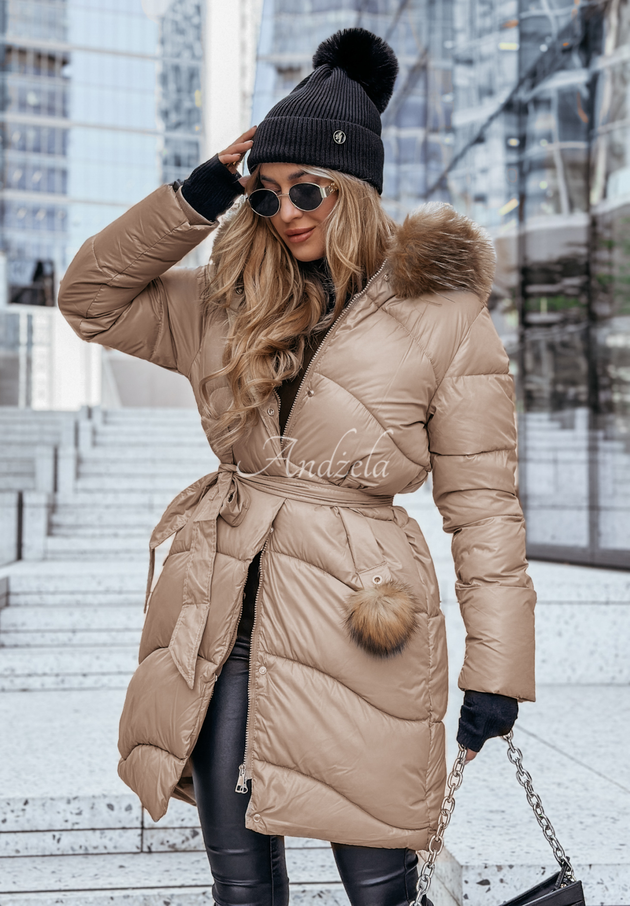 Lange Steppjacke mit Fellimitat Snow Offense Mokkafarben