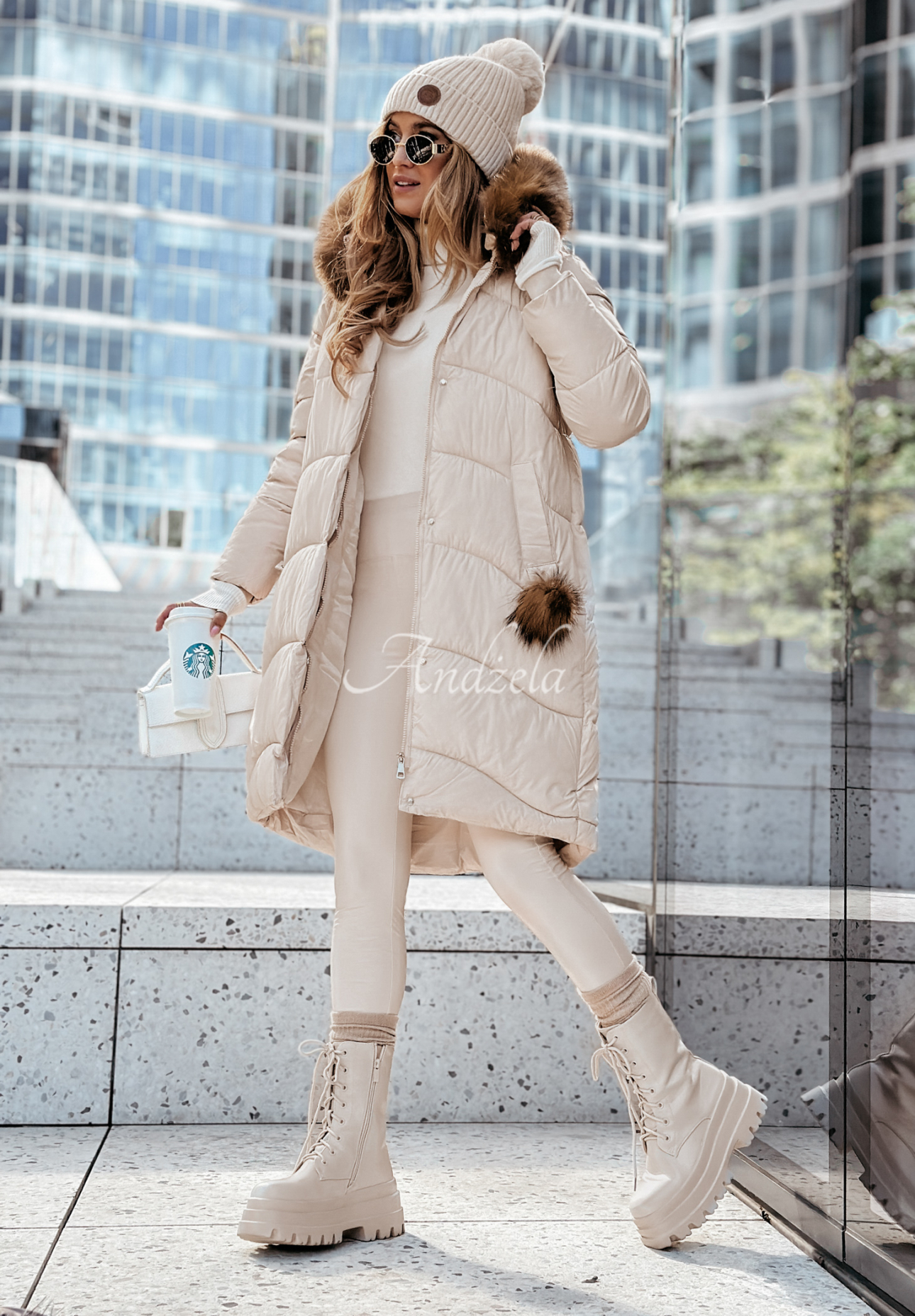 Lange Steppjacke mit Fellimitat Snow Offense Beige