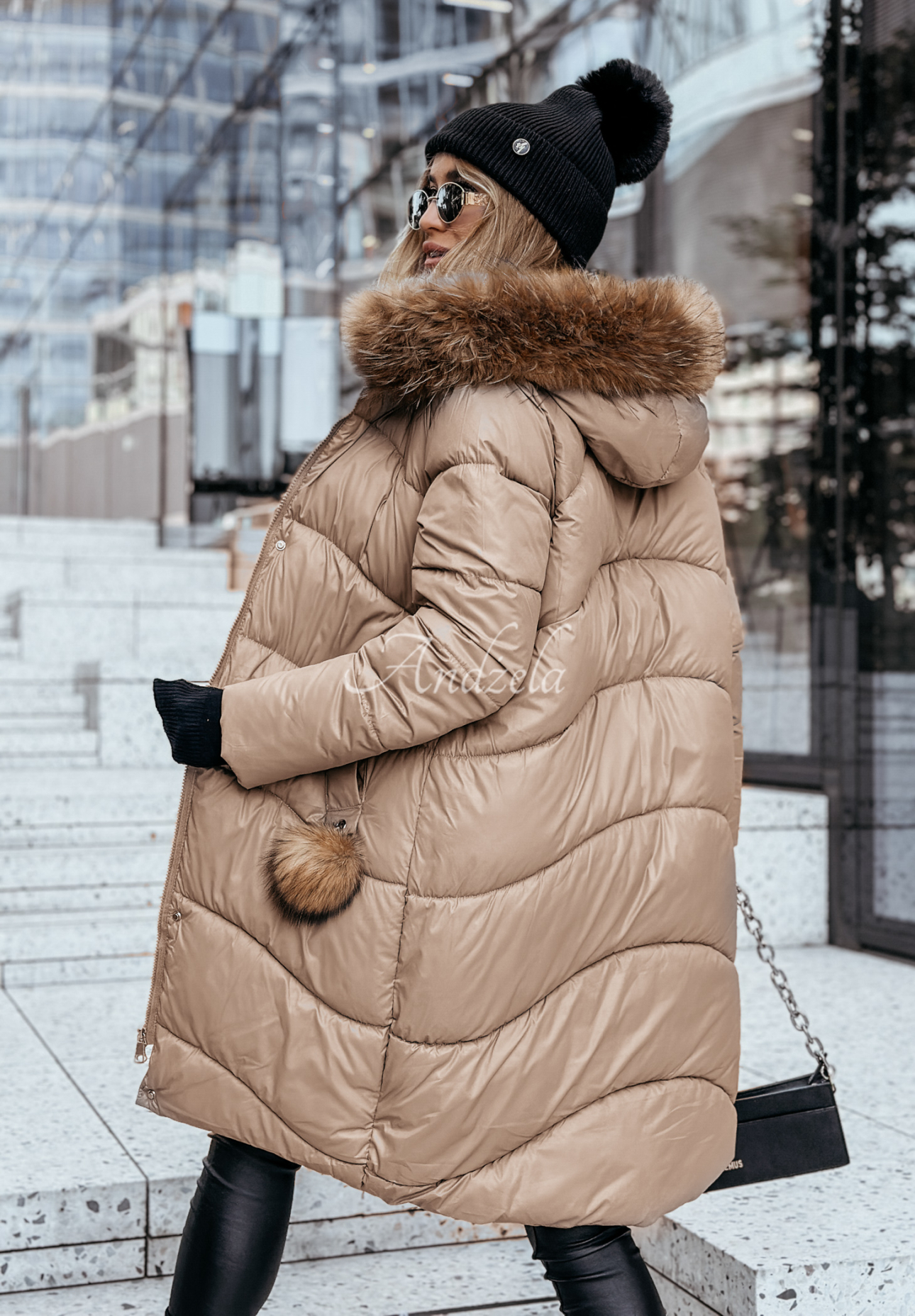 Lange Steppjacke mit Fellimitat Snow Offense Mokkafarben