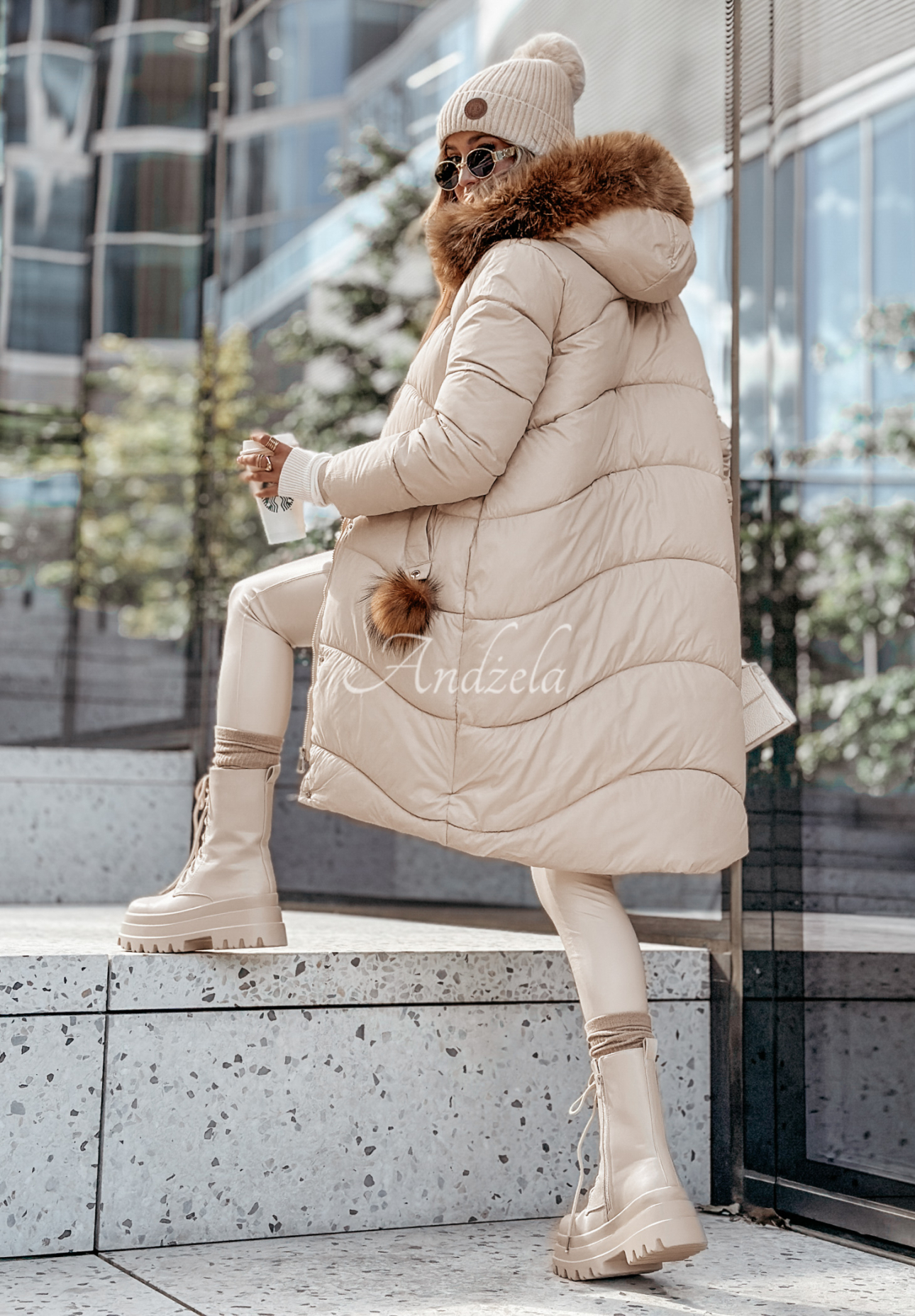 Lange Steppjacke mit Fellimitat Snow Offense Beige