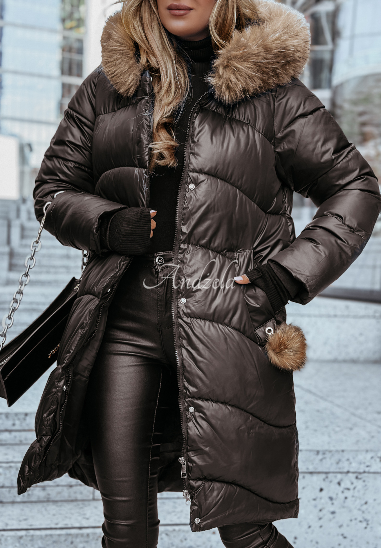 Lange Steppjacke mit Fellimitat Snow Offense Schwarz