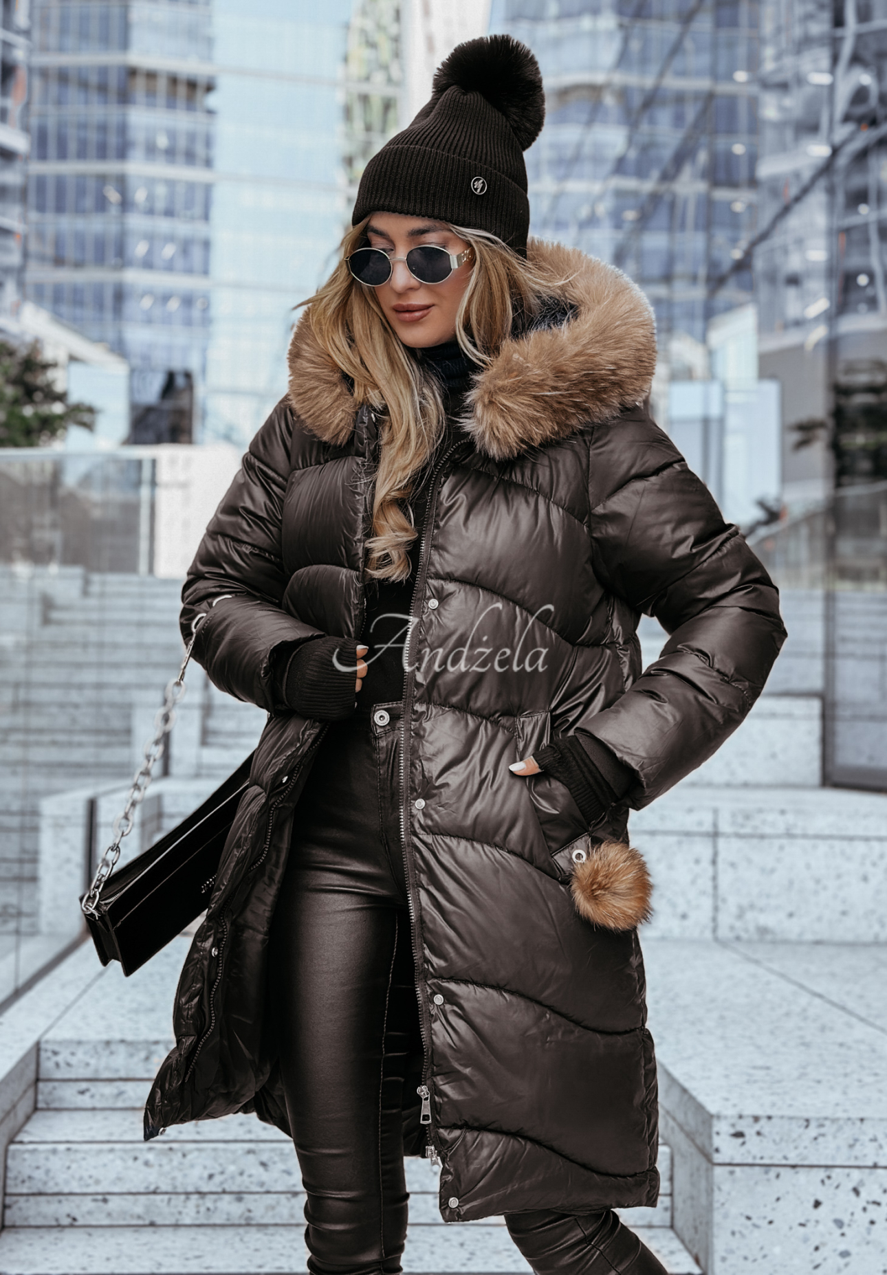 Lange Steppjacke mit Fellimitat Snow Offense Schwarz