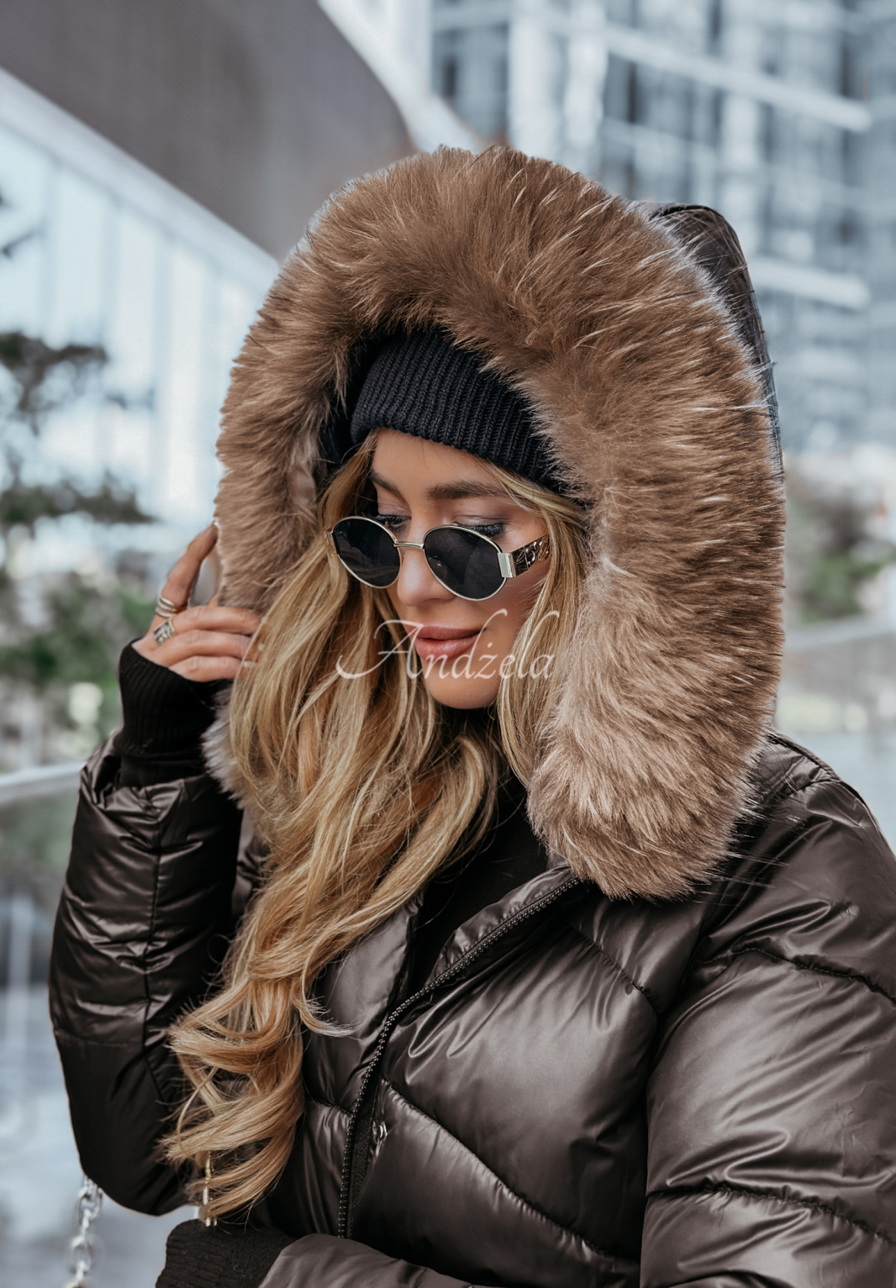 Lange Steppjacke mit Fellimitat Snow Offense Schwarz