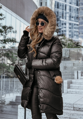 Lange Steppjacke mit Fellimitat Snow Offense Schwarz