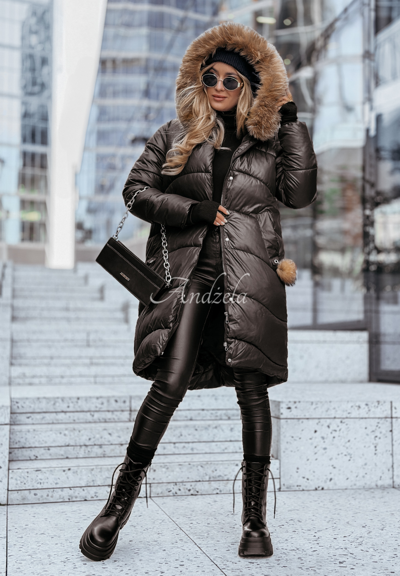 Lange Steppjacke mit Fellimitat Snow Offense Schwarz