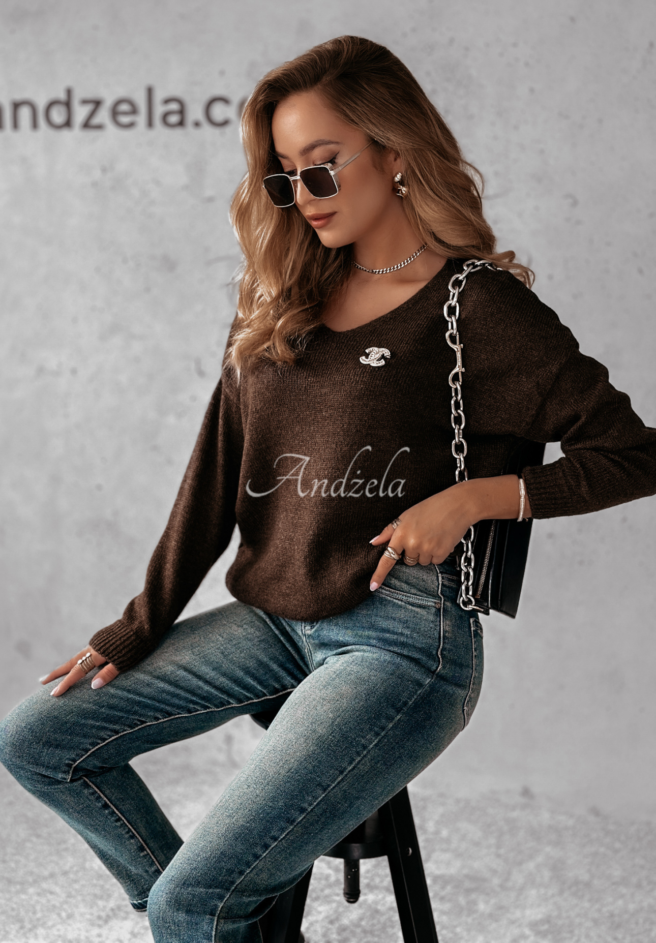 Pullover mit Ausschnitt Caffe Latte Schokoladenbraun