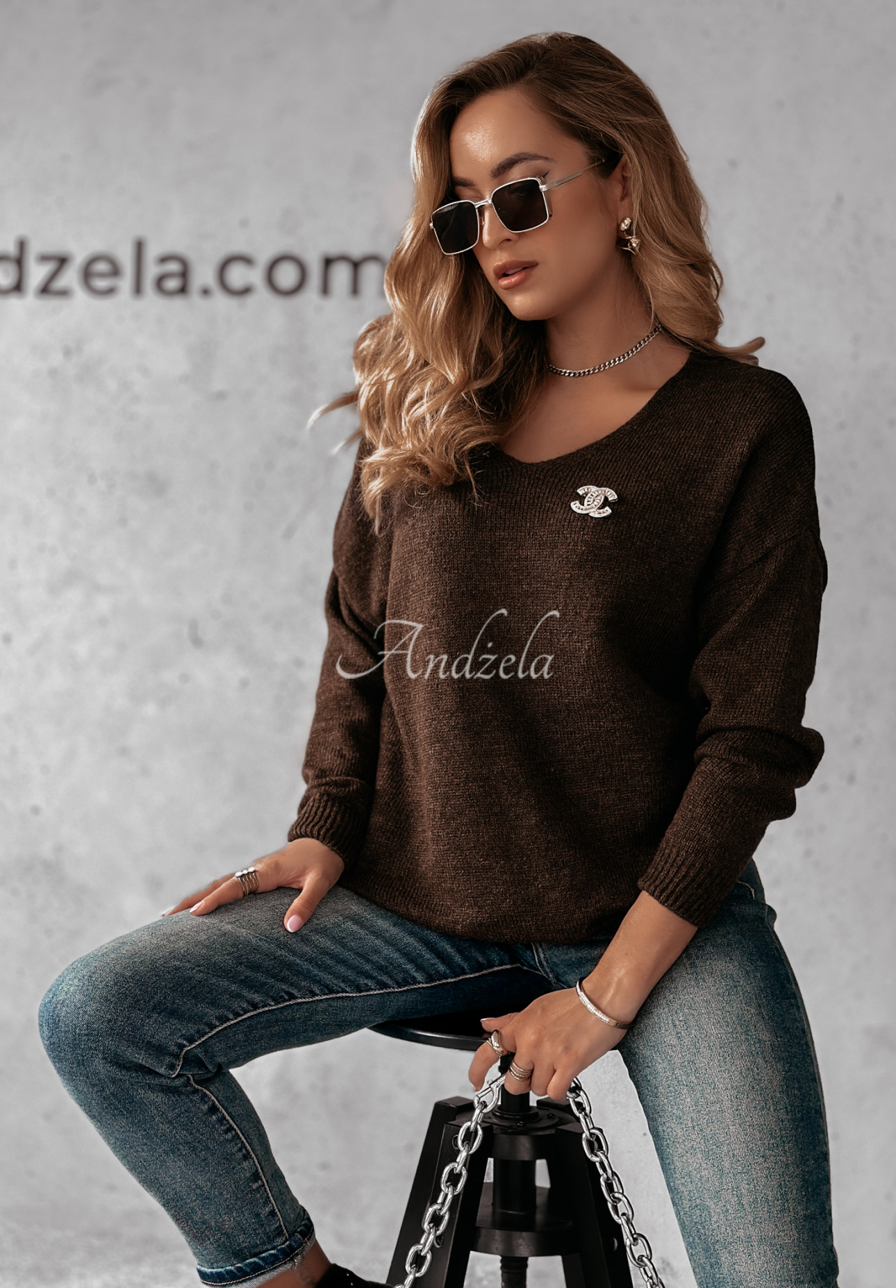 Pullover mit Ausschnitt Caffe Latte Schokoladenbraun