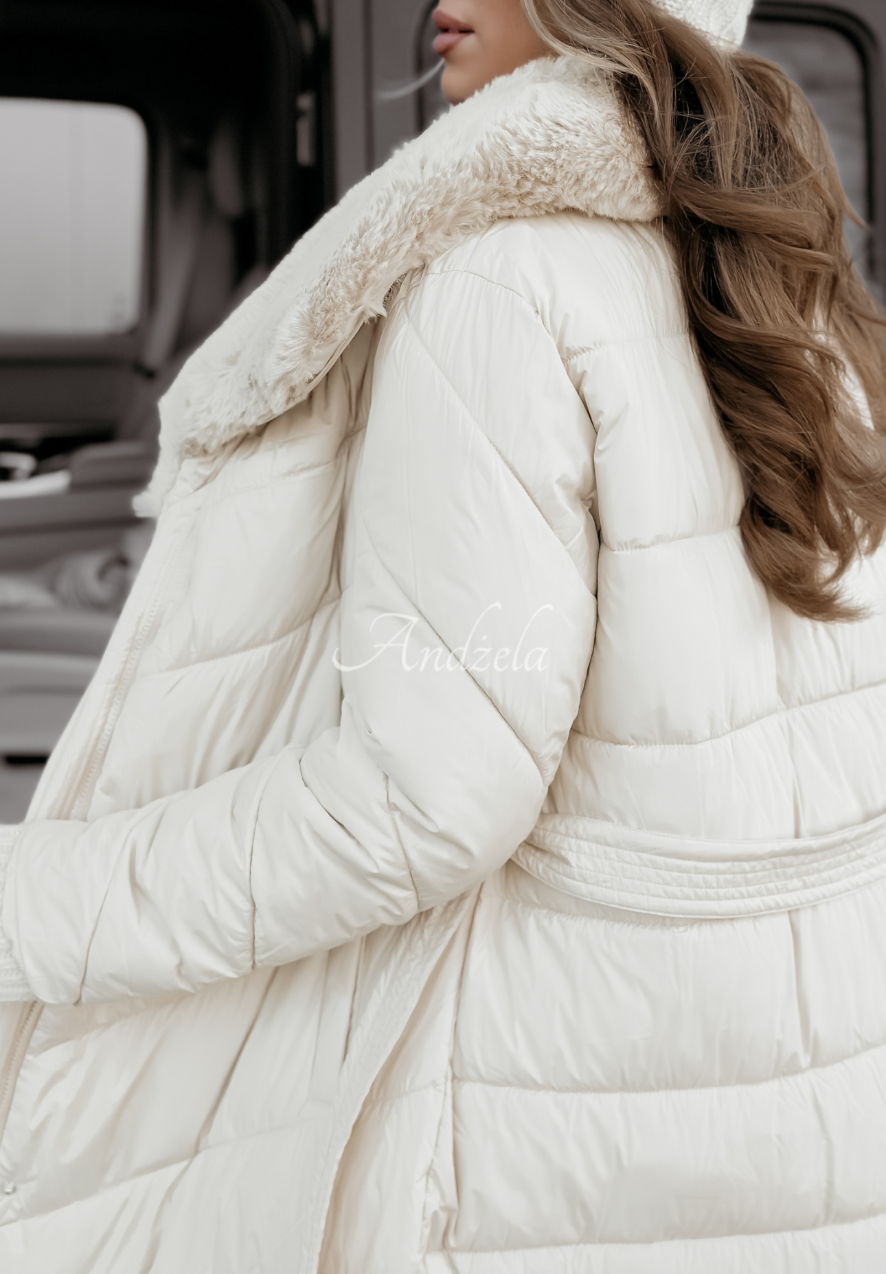 Lange Steppjacke mit Fell Winter Snow Time Beige