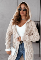 Długi ozdobnie pleciony Cardigan z kapturem Chilly Weather Beige