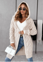 Długi ozdobnie pleciony Cardigan z kapturem Chilly Weather Beige