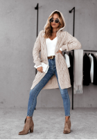 Długi ozdobnie pleciony Cardigan z kapturem Chilly Weather Beige