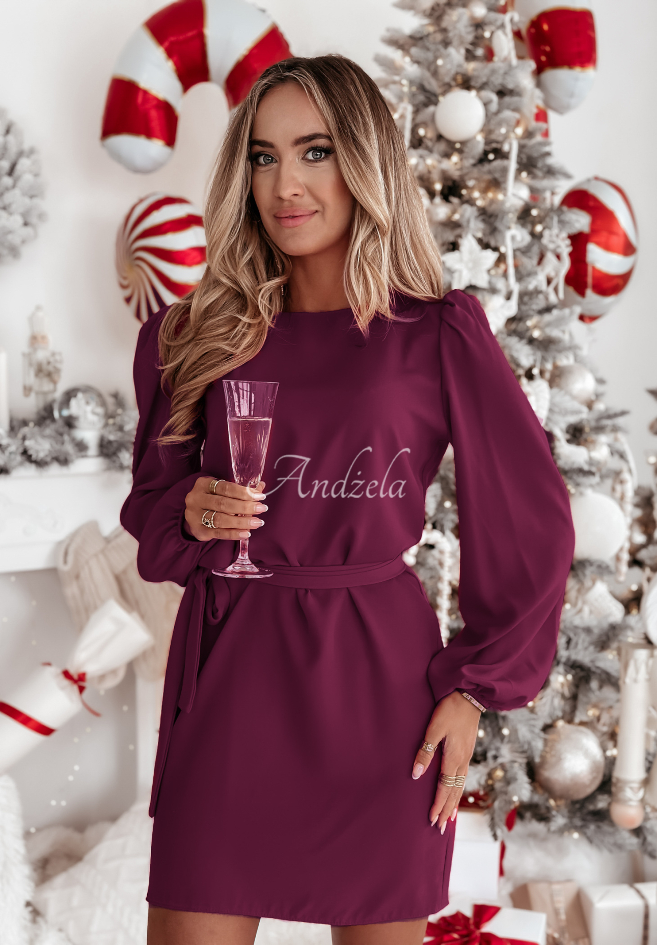 Kleid mit Puffärmeln und Gürtel Crazy About You Pflaumenfarben