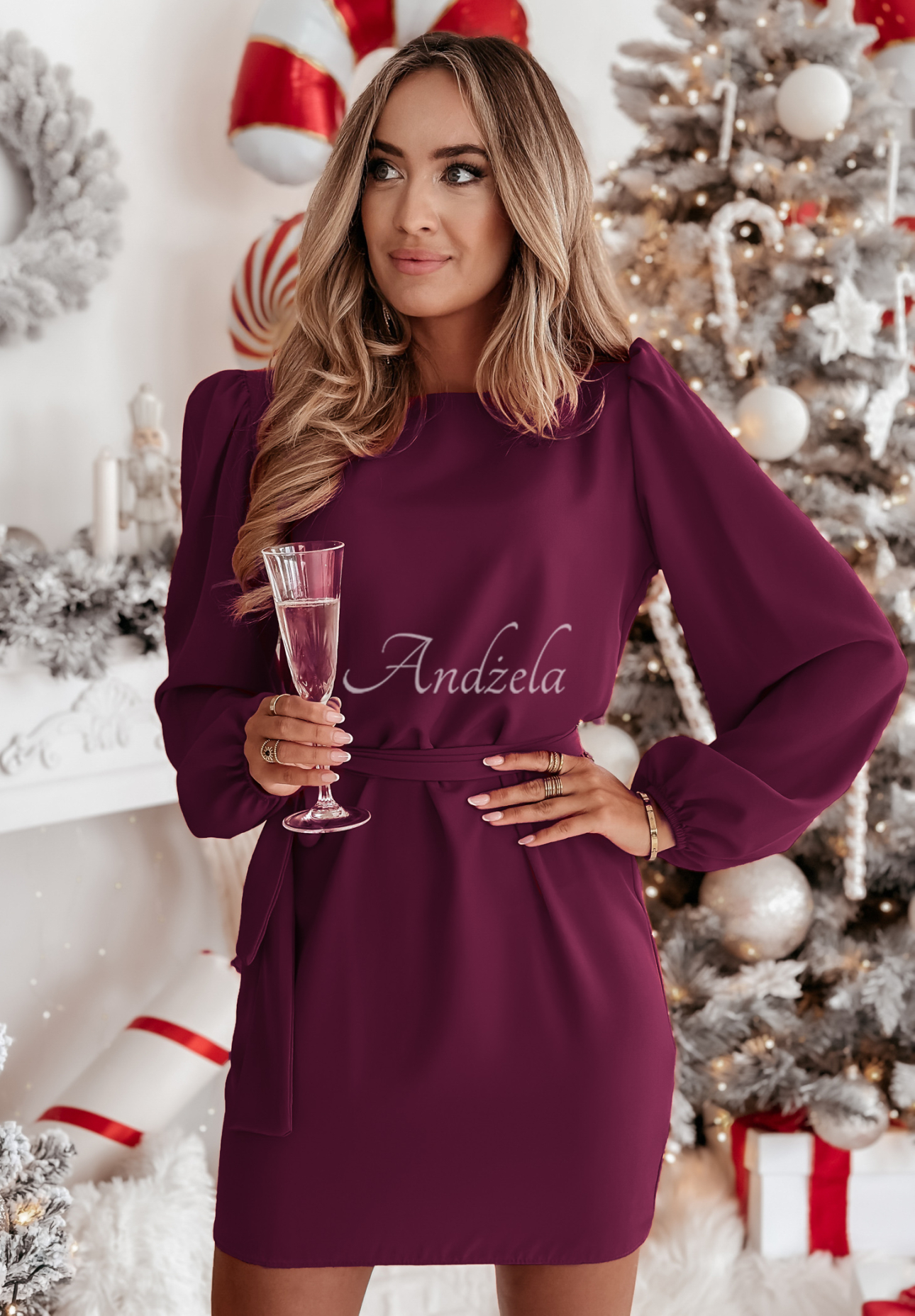 Kleid mit Puffärmeln und Gürtel Crazy About You Pflaumenfarben