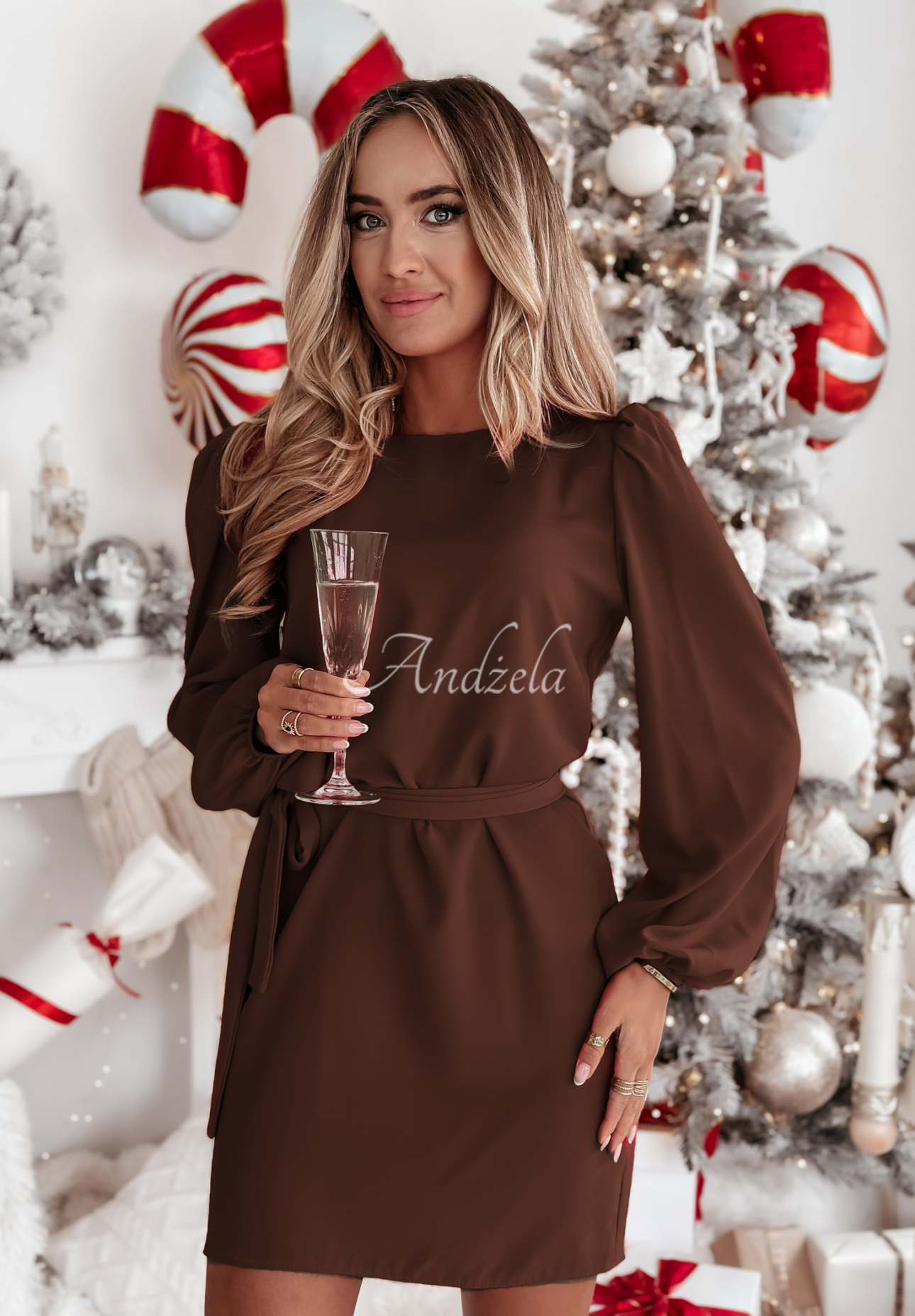 Kleid mit Puffärmeln und Gürtel Crazy About You Schokoladenbraun