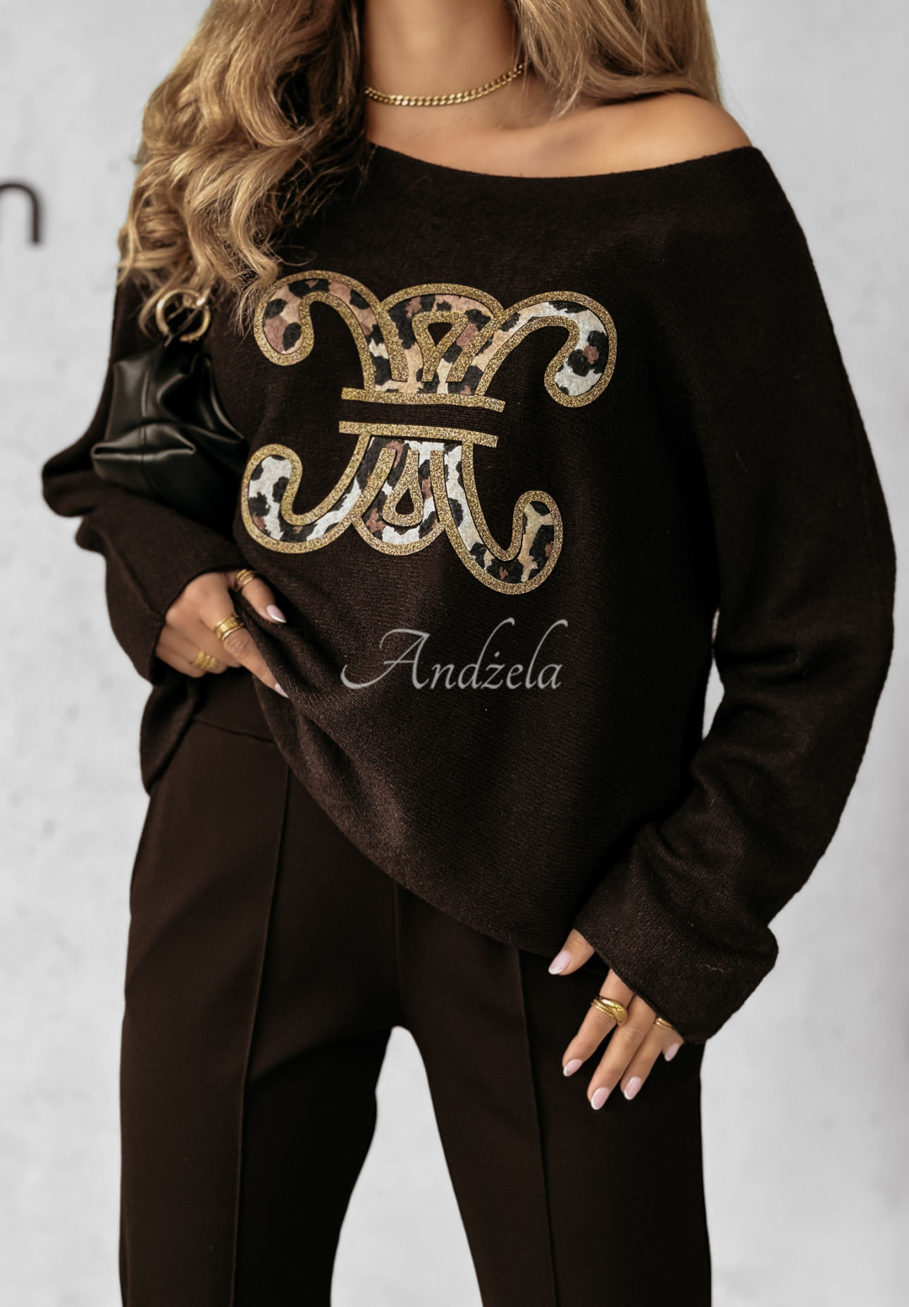 Leichter Pullover mit Leopardenmuster-Applikation Vance Schokoladenbraun