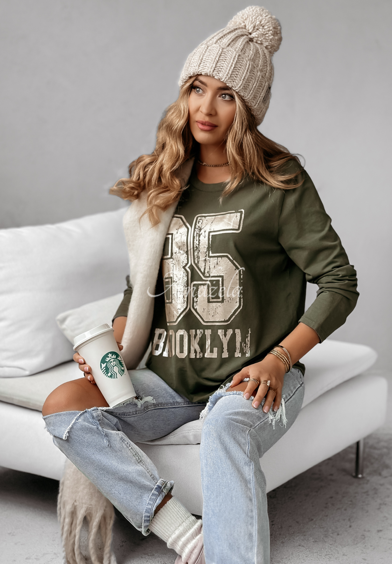 Oberteil mit Aufdruck Brooklyn 85 Khaki