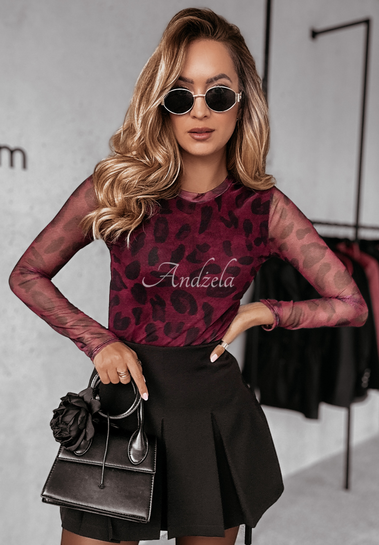 Netzbluse mit Leopardenmuster Opulent Touch Pflaumenfarben