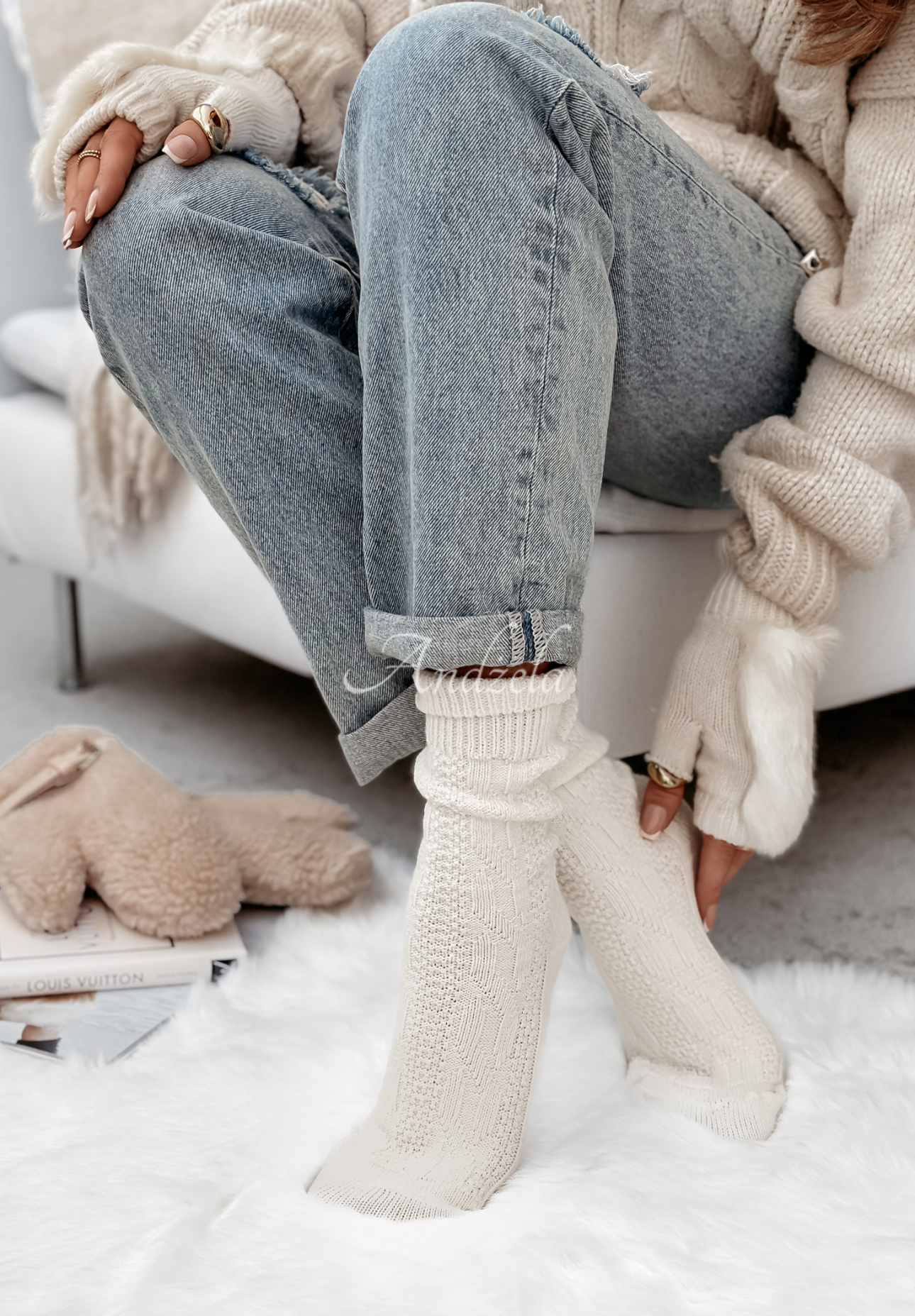Embellished braided wool socks Himalayan ecru