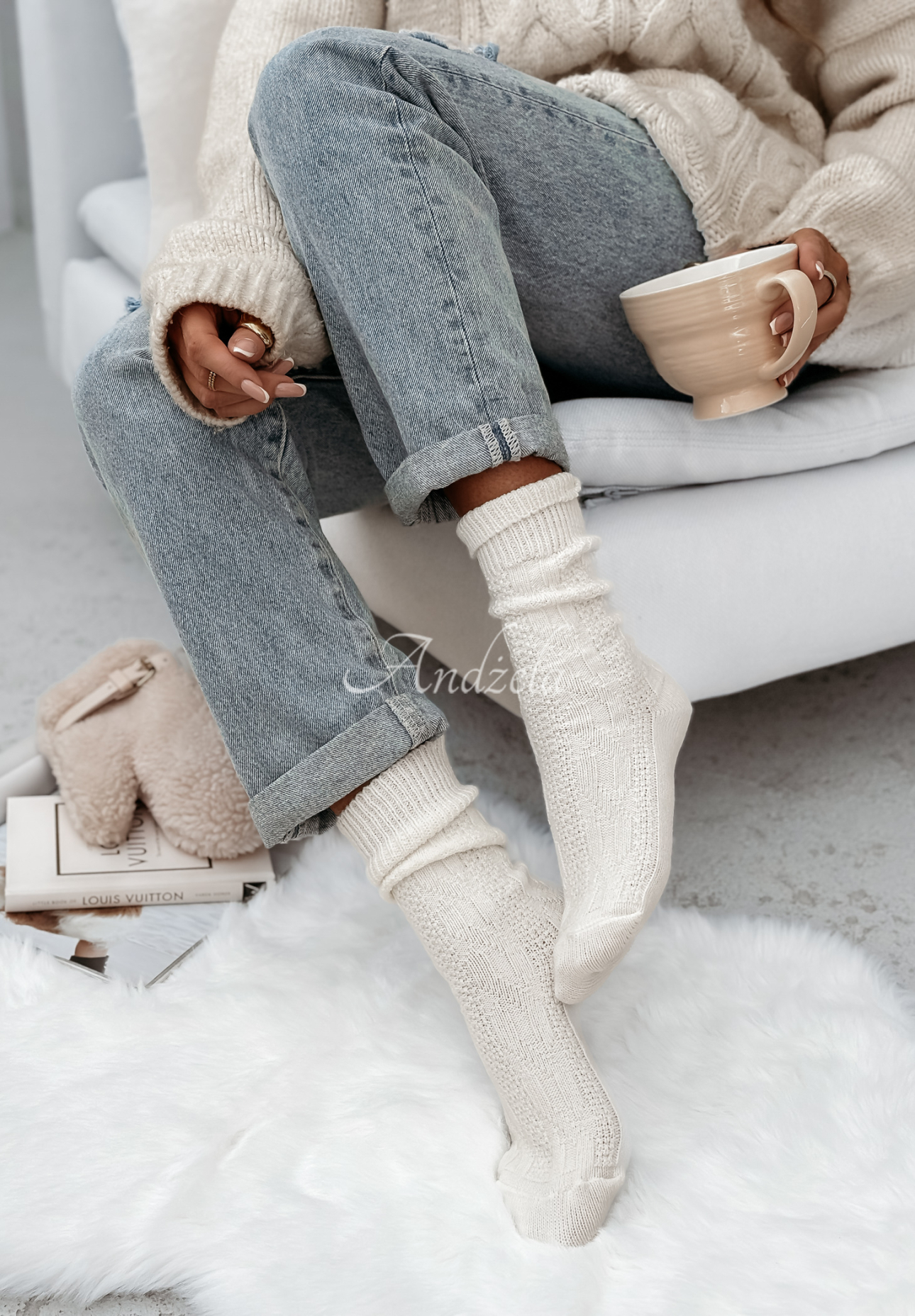 Embellished braided wool socks Himalayan ecru