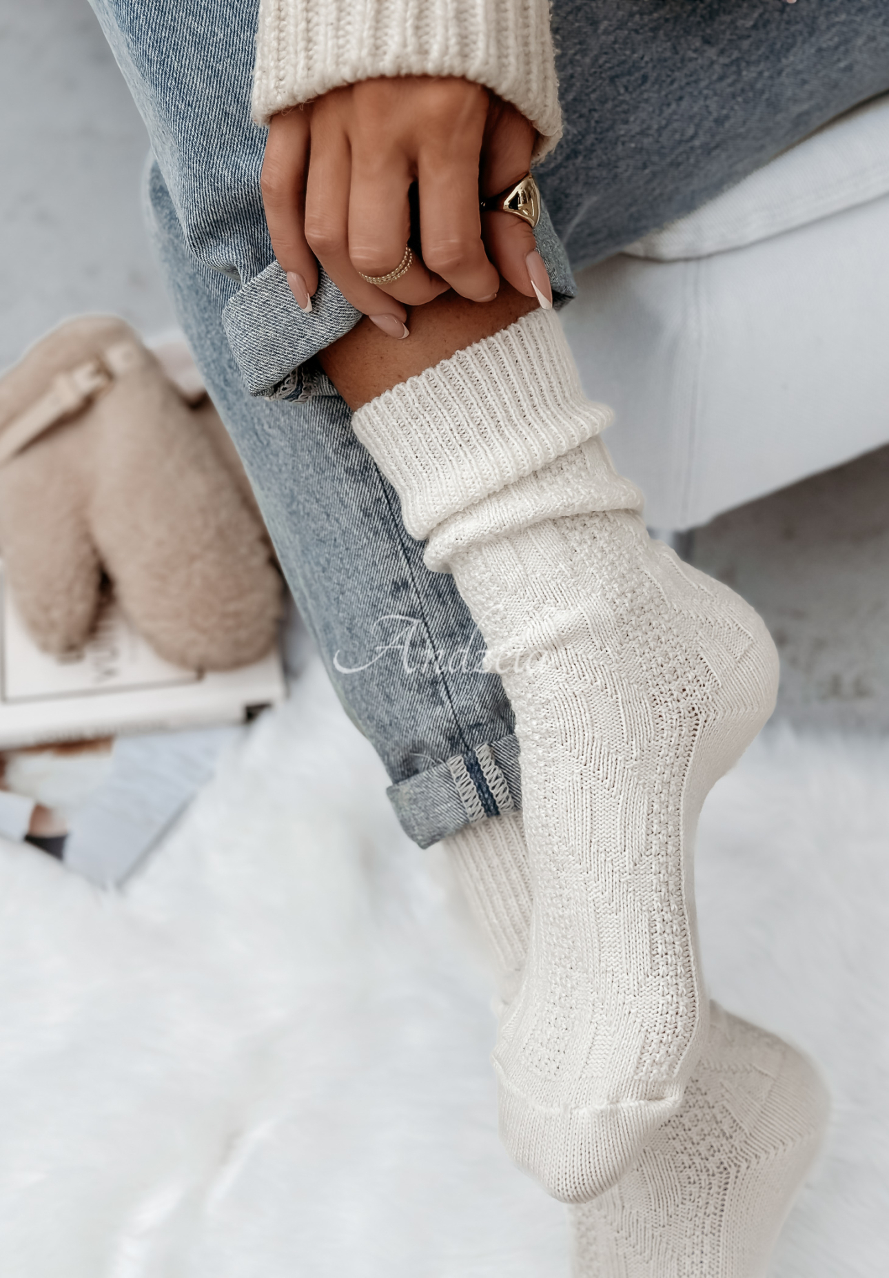 Embellished braided wool socks Himalayan ecru